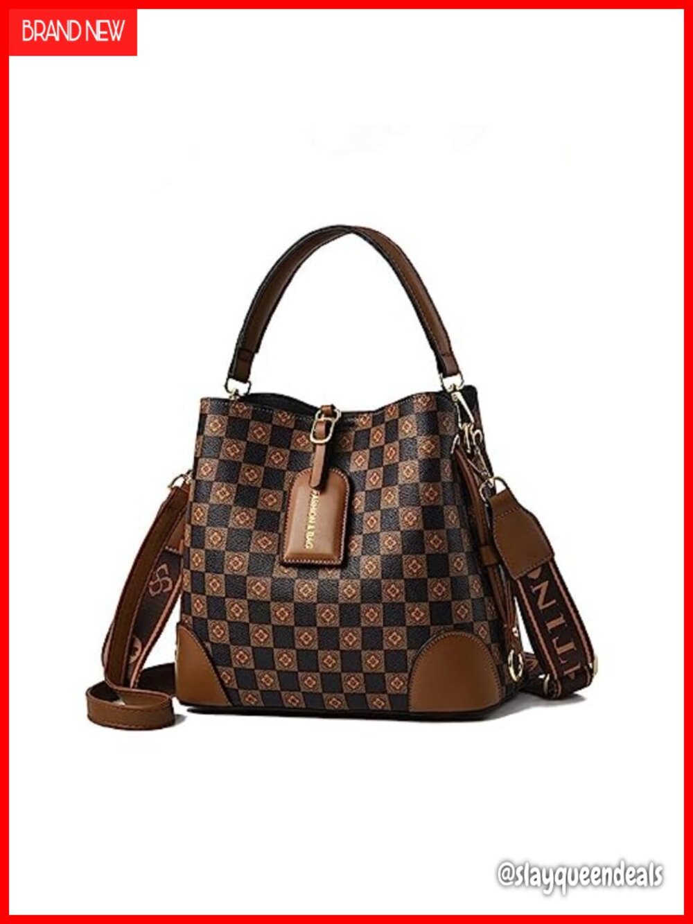 PU leather plaid bucket satchel crossbody hobo handbag